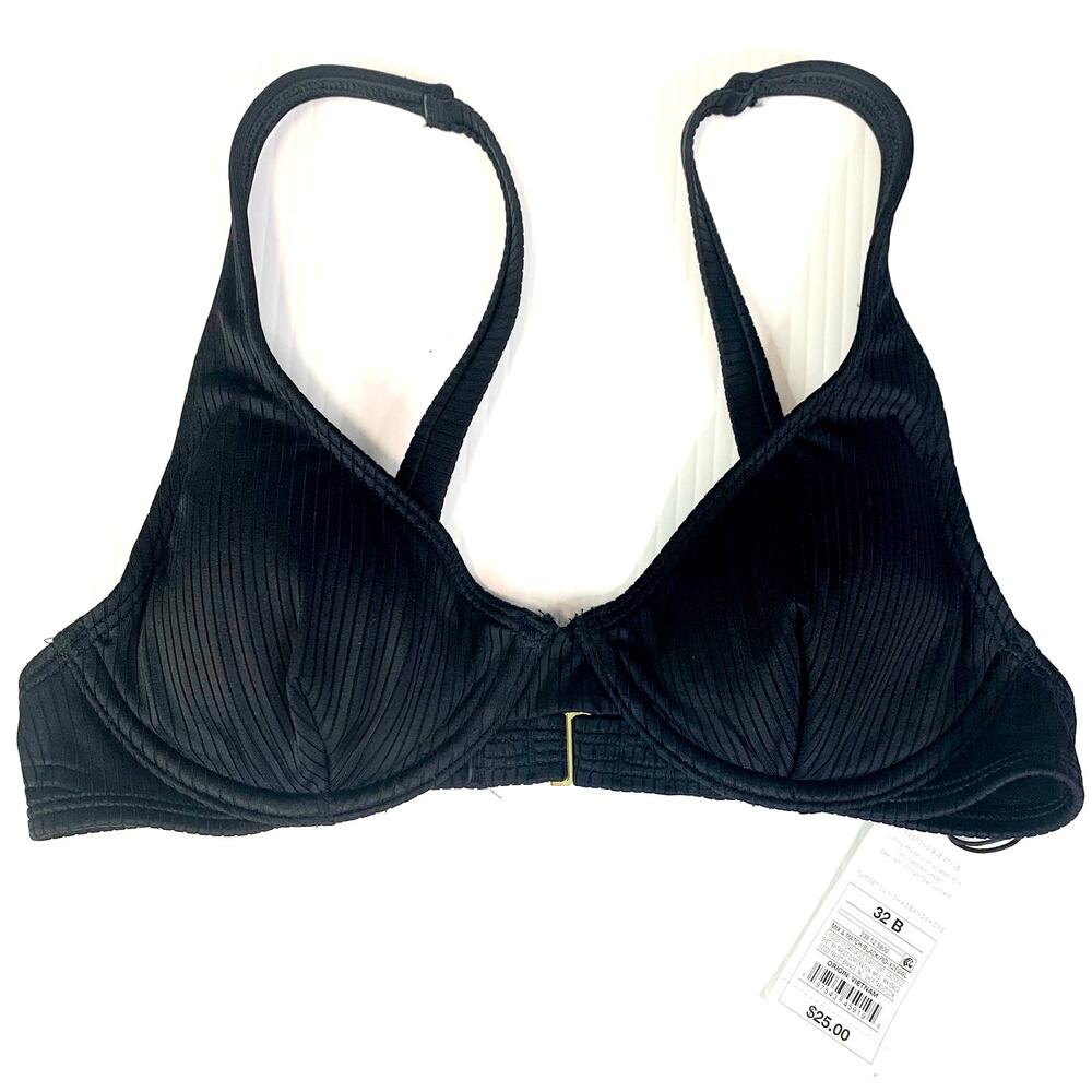 Shade & Shore Ribbed Bikini Top 32B Bra Style Underwire Black Adjustable NWT